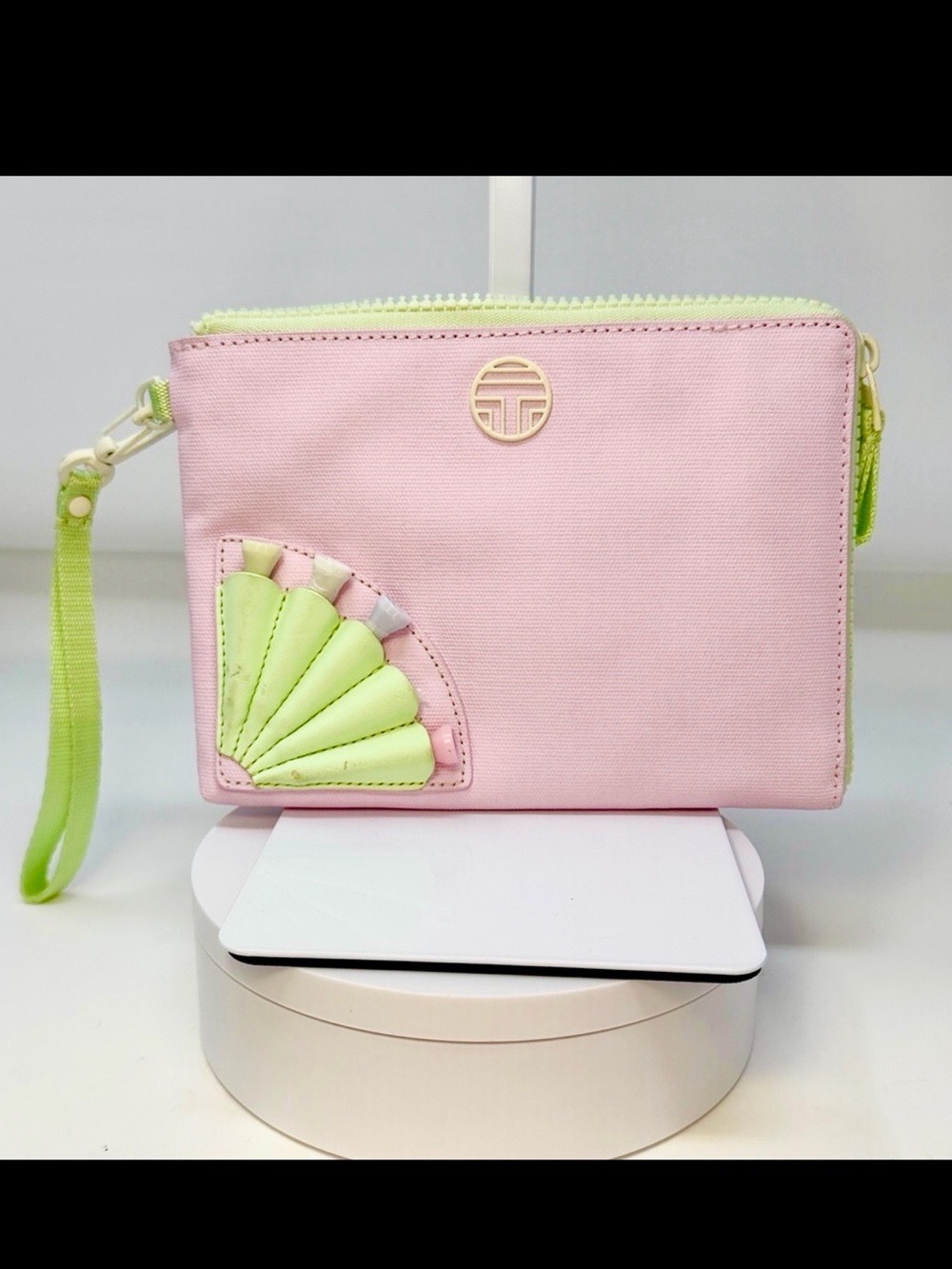 Tory Burch Sport Golf Tee Pouch Wristlet Canvas Case Pink Green Country Club